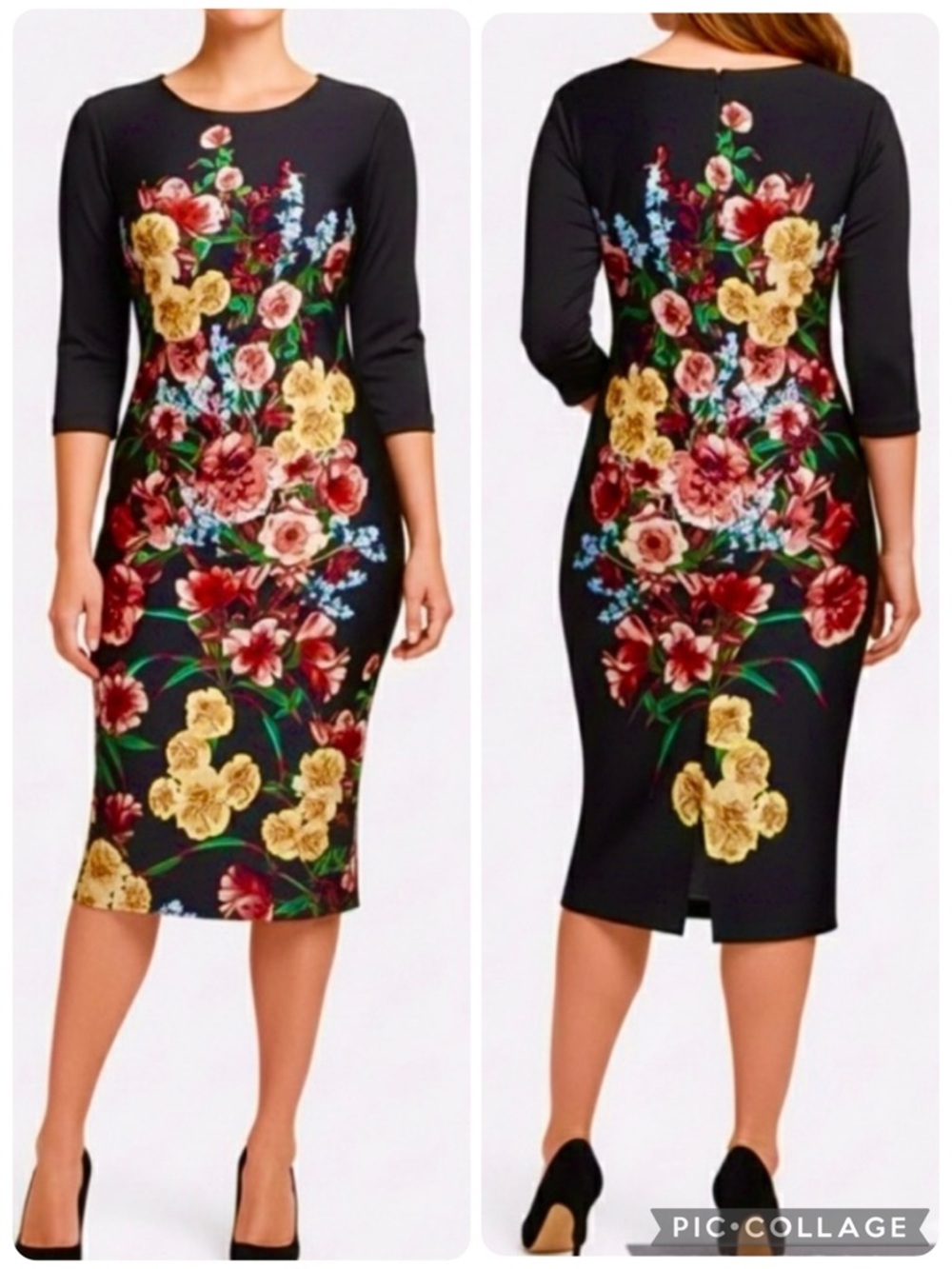 ECI Dress Black Floral Ponte Knit Sheath Pencil Dress 6 Cocktail Party